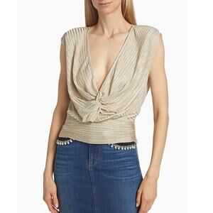 Ramy Brook Adley Metallic Stripe Knotted Top Soft Gold Foil Size 6 NWT Chic Glam
